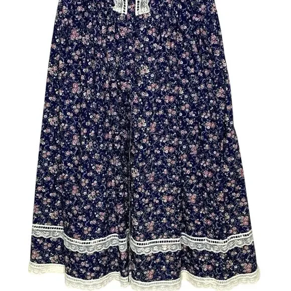 Gunne Sax S Vintage Lace Floral Print Short Sleeve Gunnie Dress Dark Blue *flaw - Picture 5 of 8